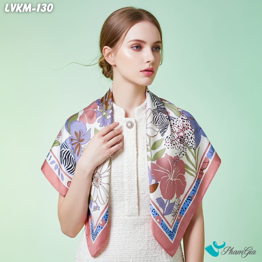 Khăn Lụa Vuông Karma 90*90Cm Họa Tiết Hoa Nhiệt Đới Màu Hồng San Hô (LVKM130)