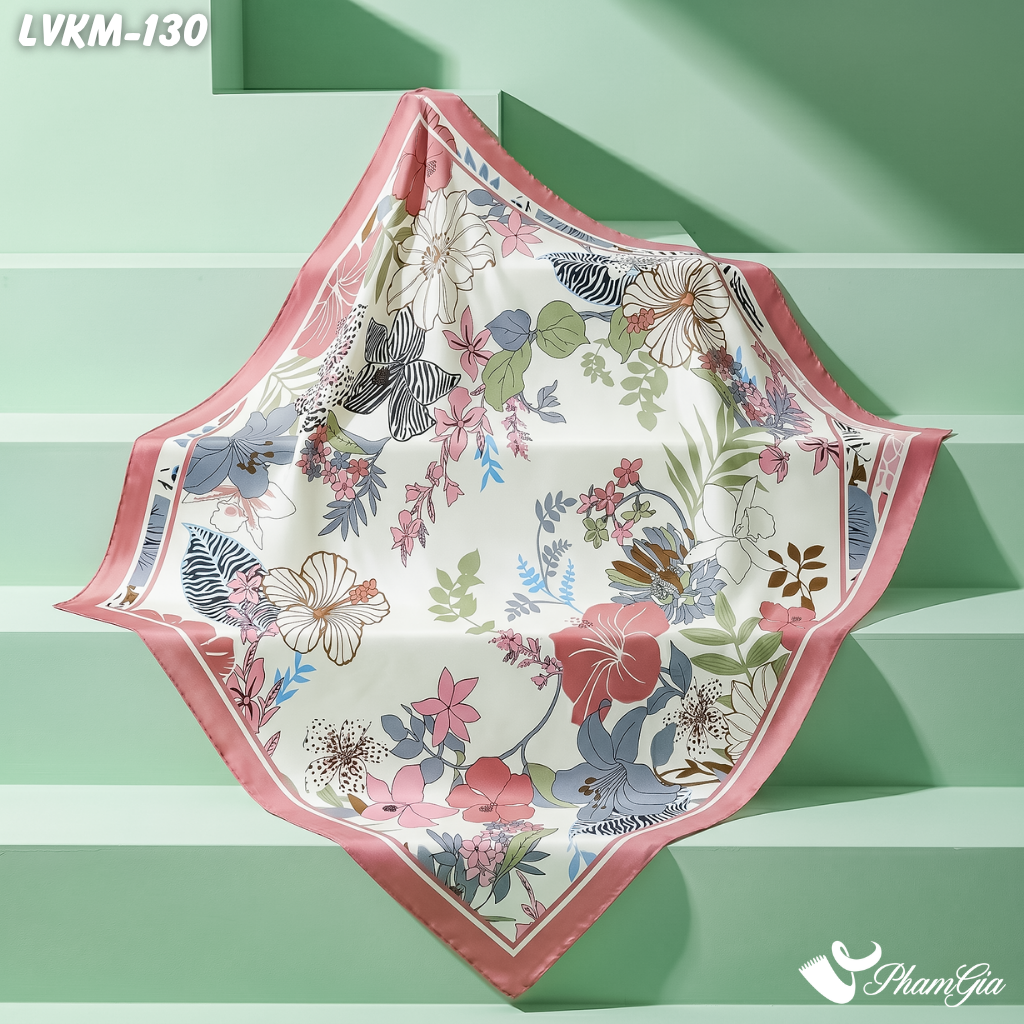 Khăn Lụa Vuông Karma 90*90Cm Họa Tiết Hoa Nhiệt Đới Màu Hồng San Hô (LVKM130)