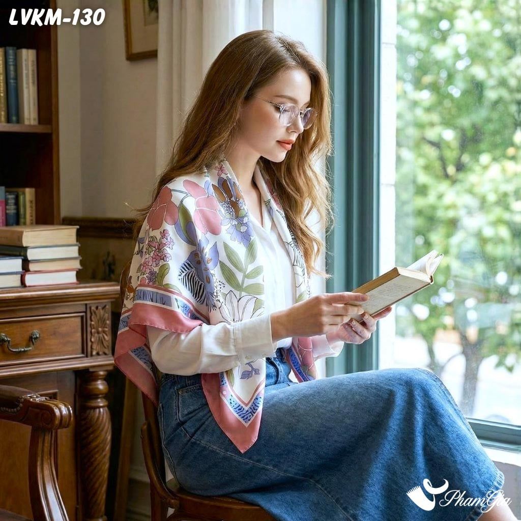 Khăn Lụa Vuông Karma 90*90Cm Họa Tiết Hoa Nhiệt Đới Màu Hồng San Hô (LVKM130)