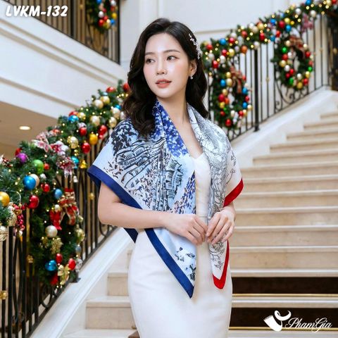 Khăn Lụa Vuông 90*90Cm Họa Tiết Retro Đương Đại Phối Màu Xanh - Trắng (LVKM132)