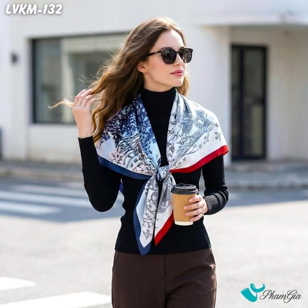 Khăn Lụa Vuông 90*90Cm Họa Tiết Retro Đương Đại Phối Màu Xanh - Trắng (LVKM132)