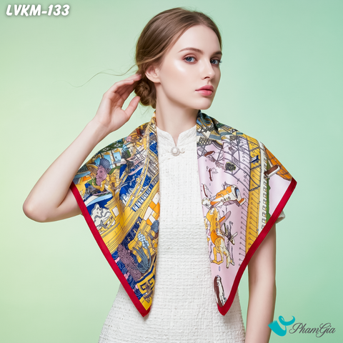 Khăn Lụa Vuông Karma 90*90Cm Họa Tiết La Mã Cổ Điển Viền Cam (LVKM133)