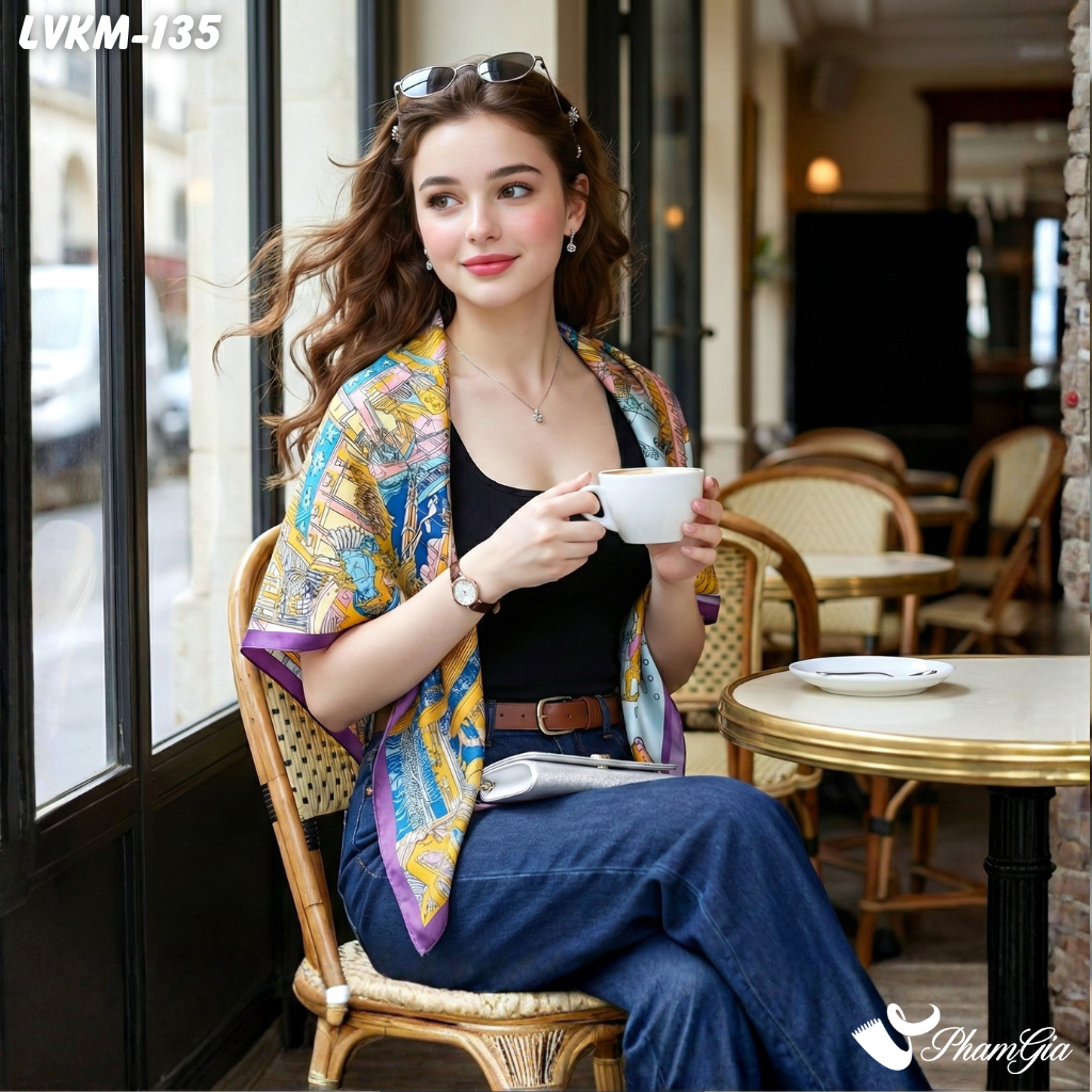 Khăn Lụa Vuông 90*90Cm Họa Tiết La Mã Cổ Điển Viền Tím (LVKM135)