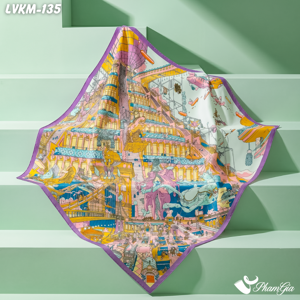 Khăn Lụa Vuông Karma 90*90Cm Họa Tiết La Mã Cổ Điển Viền Tím (LVKM135)