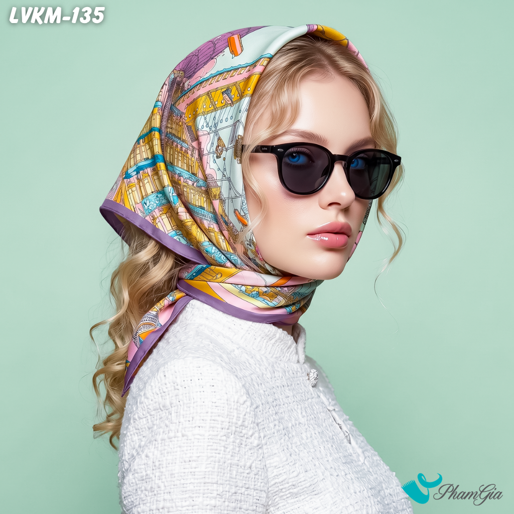Khăn Lụa Vuông Karma 90*90Cm Họa Tiết La Mã Cổ Điển Viền Tím (LVKM135)