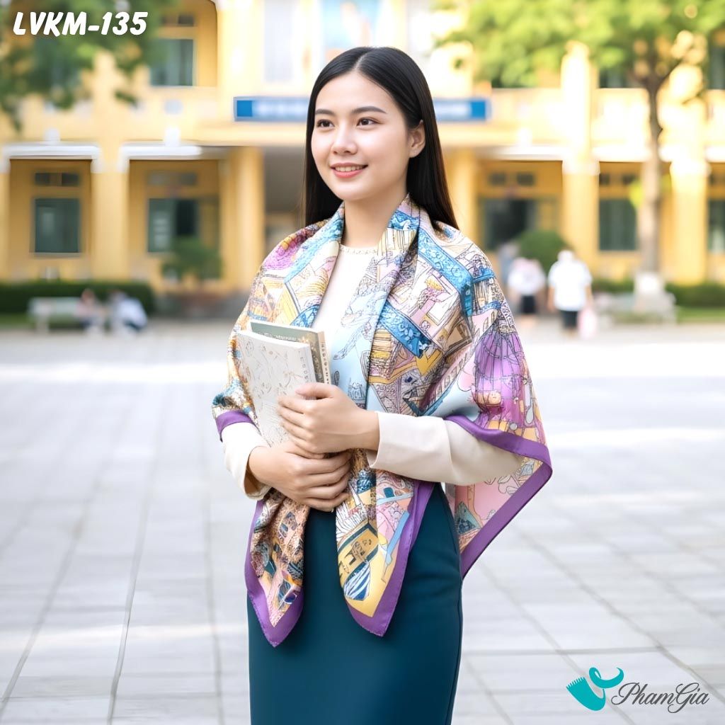 Khăn Lụa Vuông 90*90Cm Họa Tiết La Mã Cổ Điển Viền Tím (LVKM135)