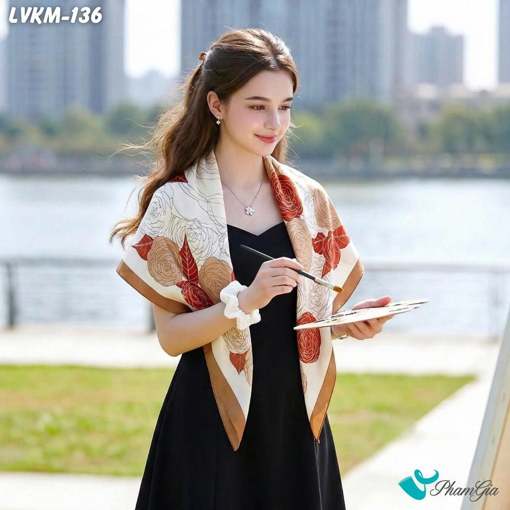 Khăn Lụa Vuông 90*90Cm Họa Tiết Hoa Hồng Phối Màu Cam - Oliu (LVKM136)