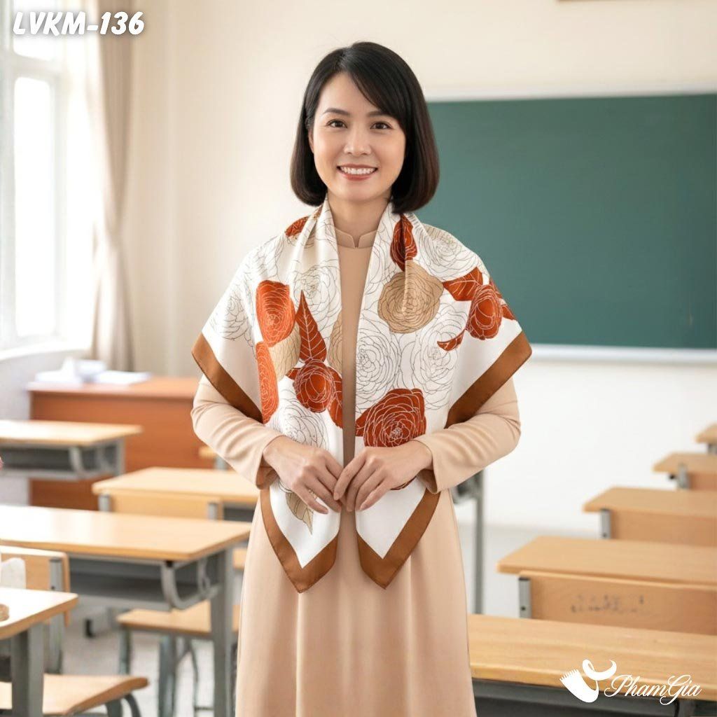 Khăn Lụa Vuông 90*90Cm Họa Tiết Hoa Hồng Phối Màu Cam - Oliu (LVKM136)