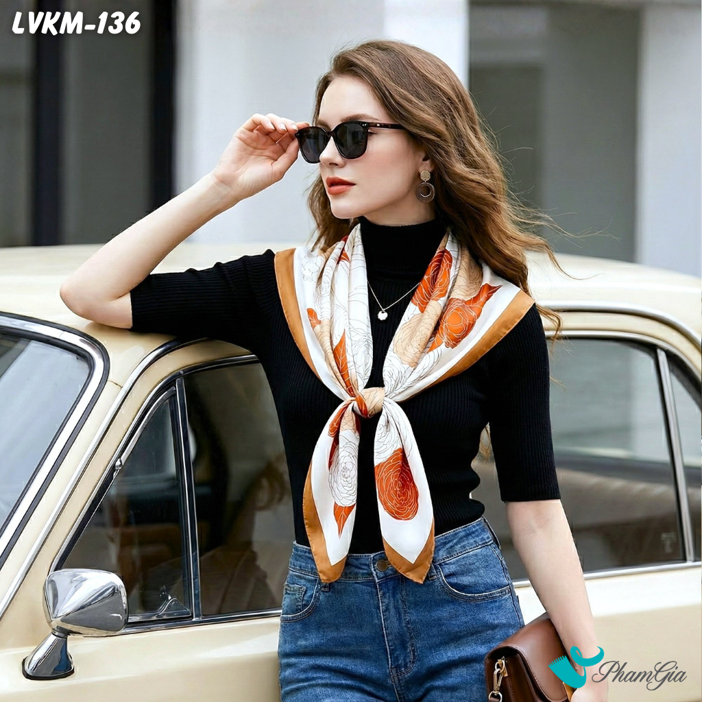 Khăn Lụa Vuông 90*90Cm Họa Tiết Hoa Hồng Phối Màu Cam - Oliu (LVKM136)
