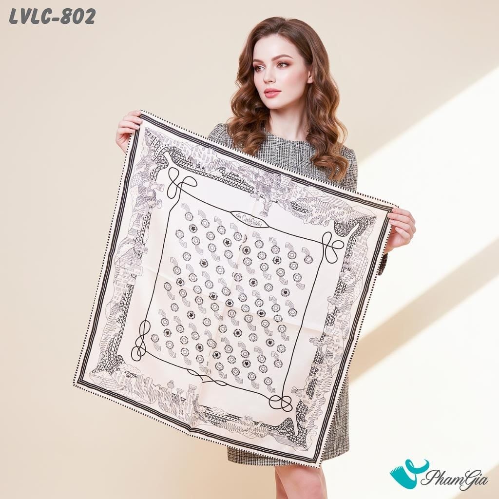 Khăn Lụa Vuông Lucy 55*55Cm 2 Mặt Cao Cấp Hoạ Tiết Hình Học Trừu Tượng Màu Trắng Đen Hiện Đại (LVLC802)
