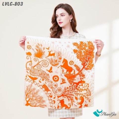 Khăn Lụa Vuông Lucy 55*55Cm 2 Mặt Cao Cấp Hoạ Tiết Muông Thú Màu Cam Ấn Tượng (LVLC803)