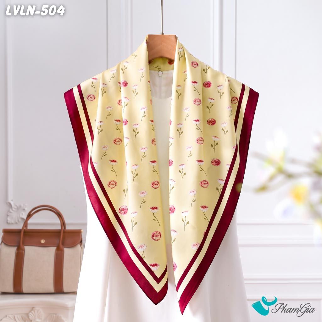 Khăn Lụa Vuông Luna 90X90Cm Họa Tiết Hoa Hồng Cổ Điển Phối Viền Màu Vàng Đỏ Sang Trọng (LVLN504)