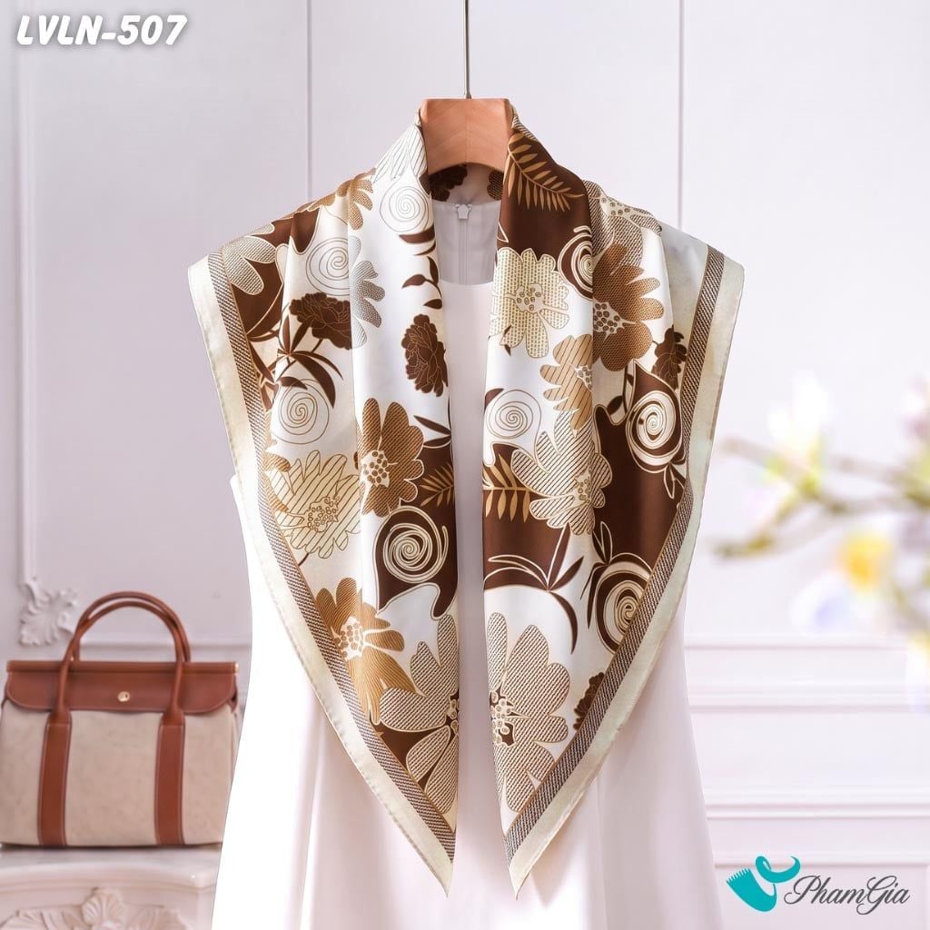 Khăn Lụa Vuông Luna 90X90Cm Họa Tiết Floral Cách Điệu Tone Nâu Be Thanh Lịch (LVLN507)