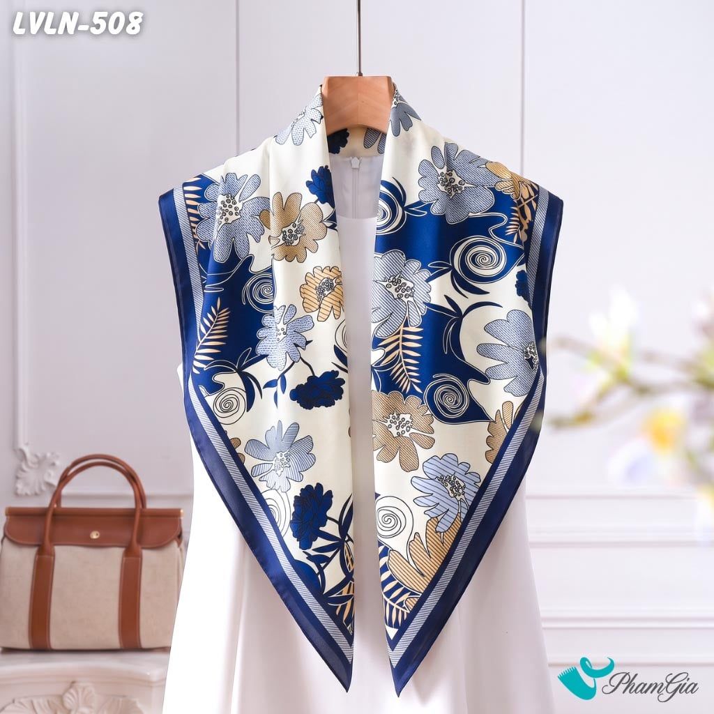 Khăn Lụa Vuông Luna 90X90Cm Họa Tiết Floral Cách Điệu Tone Xanh Thanh Lịch (LVLN508)