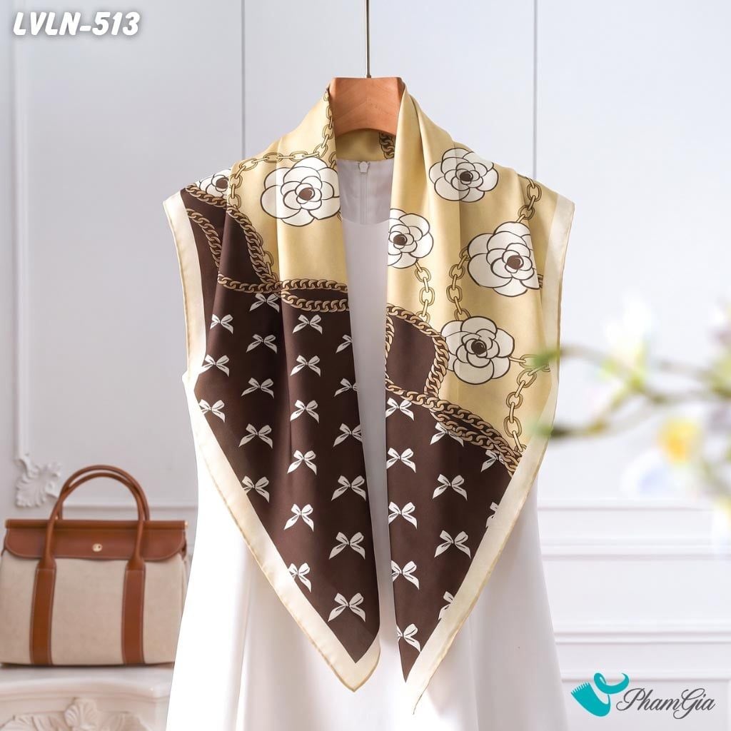 Khăn Lụa Vuông Luna 90X90Cm Họa Tiết Hoa Trà Phối Nơ Màu Nâu Be Sang Trọng (LVLN513)