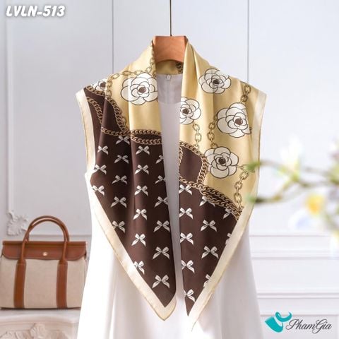 Khăn Lụa Vuông Luna 90X90Cm Họa Tiết Hoa Trà Phối Nơ Màu Nâu Be Sang Trọng (LVLN513)