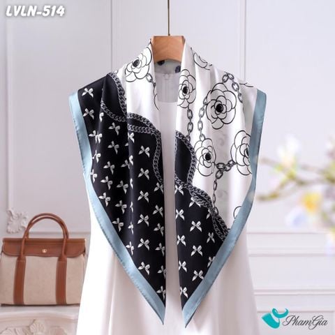 Khăn Lụa Vuông Luna 90X90Cm Họa Tiết Hoa Trà Phối Nơ Màu Đen Trắng Sang Trọng (LVLN514)