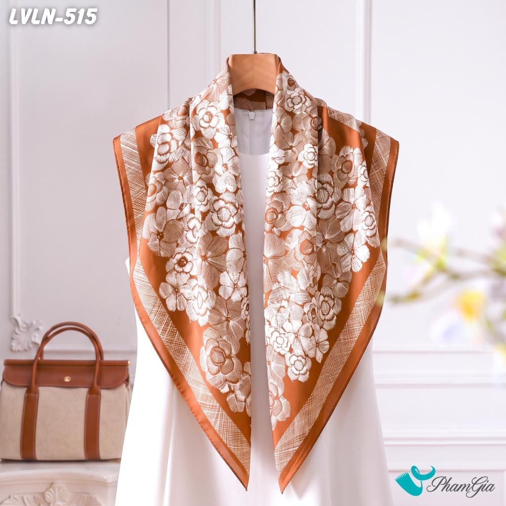 Khăn Lụa Vuông Luna 90X90Cm Họa Tiết Hoa Trà Nghệ Thuật Màu Nâu Caramel Sang Trọng (LVLN515)