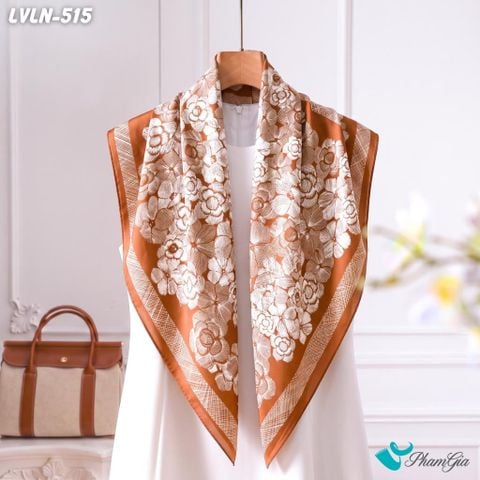 Khăn Lụa Vuông Luna 90X90Cm Họa Tiết Hoa Trà Nghệ Thuật Màu Nâu Caramel Sang Trọng (LVLN515)