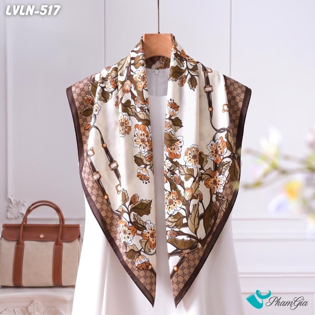 Khăn Lụa Vuông Luna 90X90Cm Họa Tiết Hoa Cổ Điển Viền Monogram Tone Nâu Be Quý Phái (LVLN517)