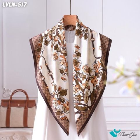 Khăn Lụa Vuông Luna 90X90Cm Họa Tiết Hoa Cổ Điển Viền Monogram Tone Nâu Be Quý Phái (LVLN517)