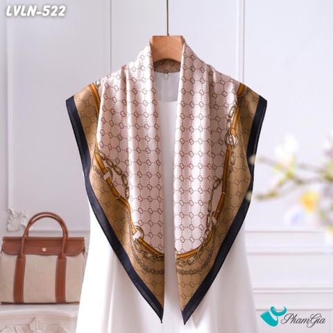 Khăn Lụa Vuông Luna 90X90Cm Họa Tiết Monogram Phối Dây Xích Màu Be Viền Đen Sang Trọng (LVLN522)
