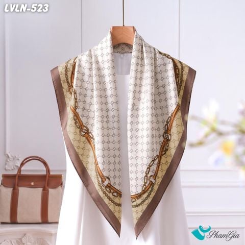 Khăn Lụa Vuông Luna 90X90Cm Họa Tiết Monogram Phối Dây Xích Màu Be Viền Nâu Đẳng Cấp (LVLN523)