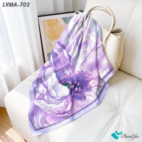Khăn Lụa Vuông Mia 70*70Cm Họa Tiết Chi Mẫu Đơn Màu Tím Thạch Anh (LVMA702)
