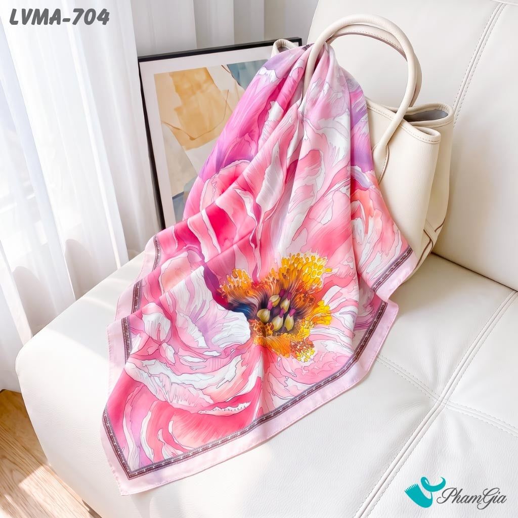 Khăn Lụa Vuông Mia 70*70Cm Họa Tiết Chi Mẫu Đơn Màu Hồng Ruby (LVMA704)