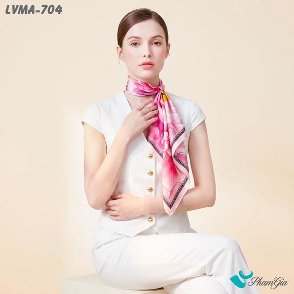 Khăn Lụa Vuông Mia 70*70Cm Họa Tiết Chi Mẫu Đơn Màu Hồng Ruby (LVMA704)