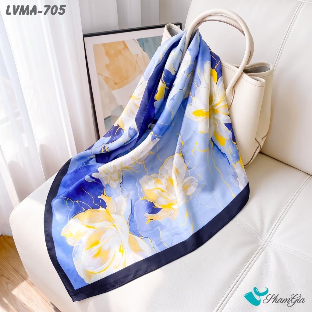 Khăn Lụa Vuông Mia 70*70Cm Họa Tiết Hoa Mộc Lan Màu Xanh Pastel (LVMA705)
