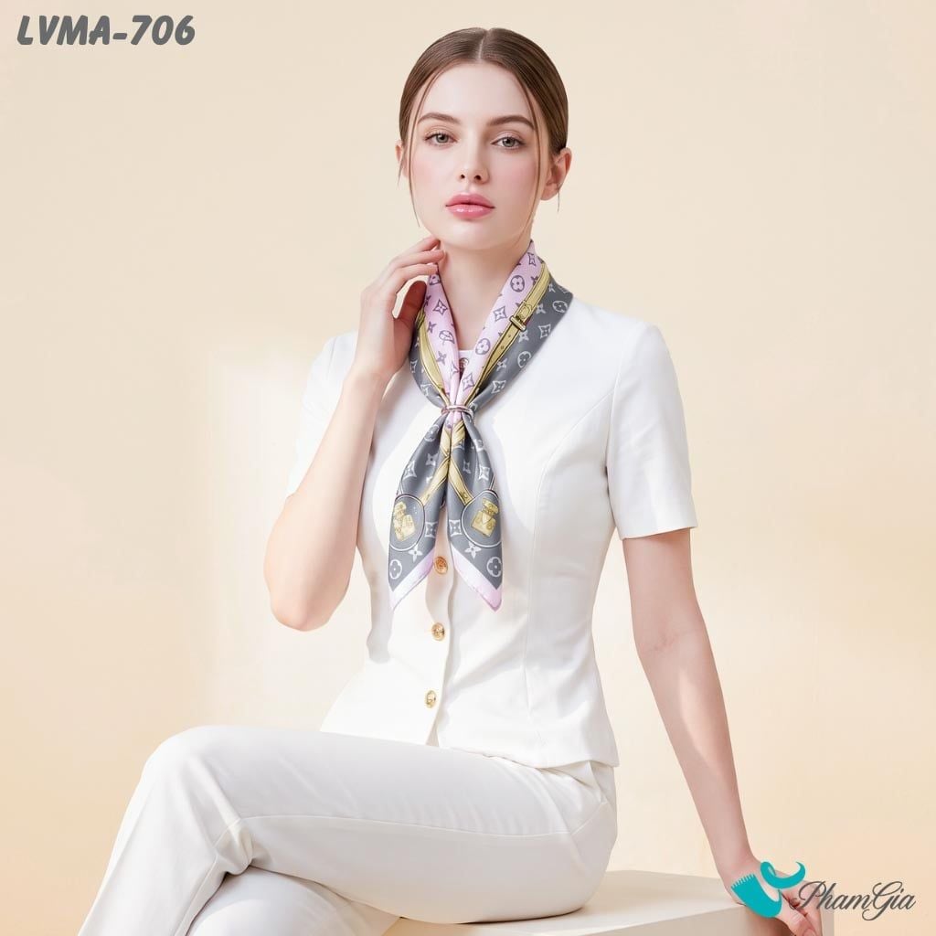 Khăn Lụa Vuông Mia 70*70Cm Họa Tiết Monogram Phối Dây Màu Xám Khói (LVMA706)