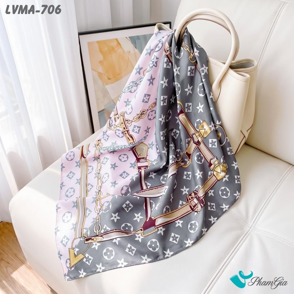 Khăn Lụa Vuông Mia 70*70Cm Họa Tiết Monogram Phối Dây Màu Xám Khói (LVMA706)