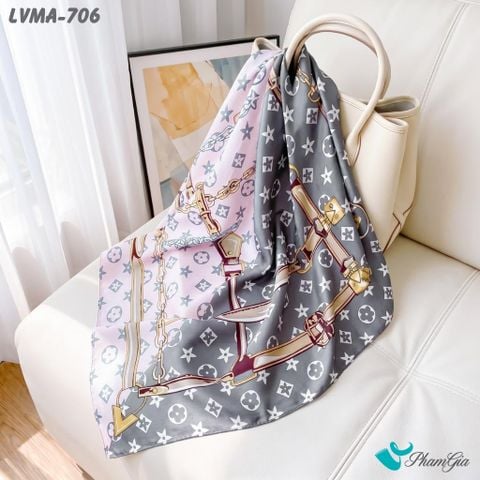Khăn Lụa Vuông Mia 70*70Cm Họa Tiết Monogram Phối Dây Màu Xám Khói (LVMA706)