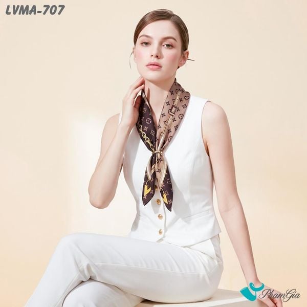 Khăn Lụa Vuông Mia 70*70Cm Họa Tiết Monogram Phối Dây Màu Nâu Chocolate (LVMA707)