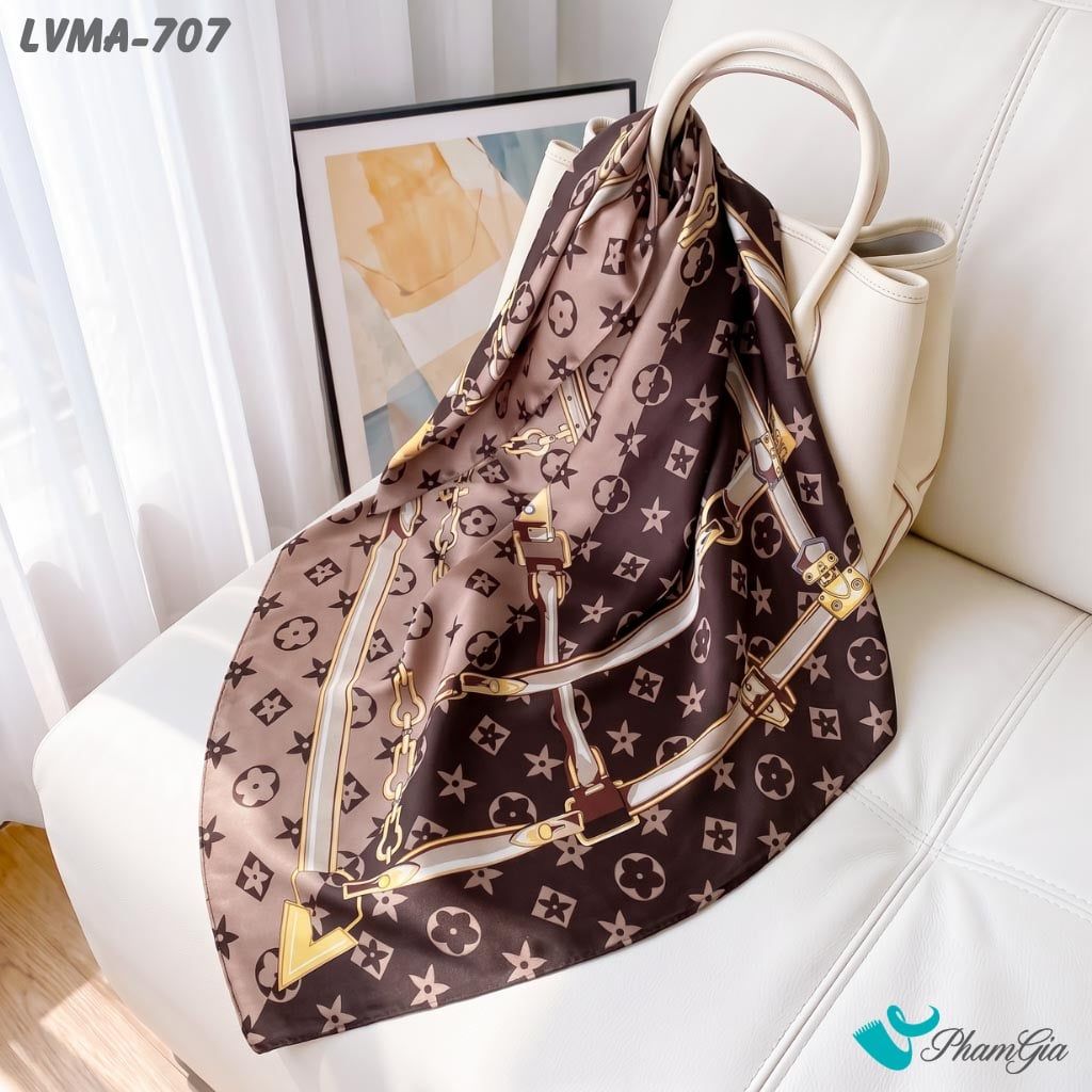 Khăn Lụa Vuông Mia 70*70Cm Họa Tiết Monogram Phối Dây Màu Nâu Chocolate (LVMA707)