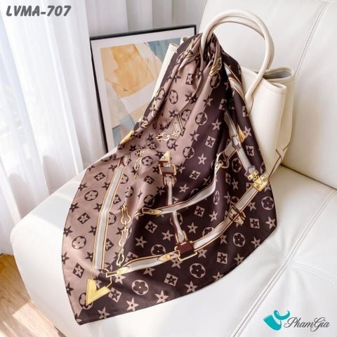 Khăn Lụa Vuông Mia 70*70Cm Họa Tiết Monogram Phối Dây Màu Nâu Chocolate (LVMA707)