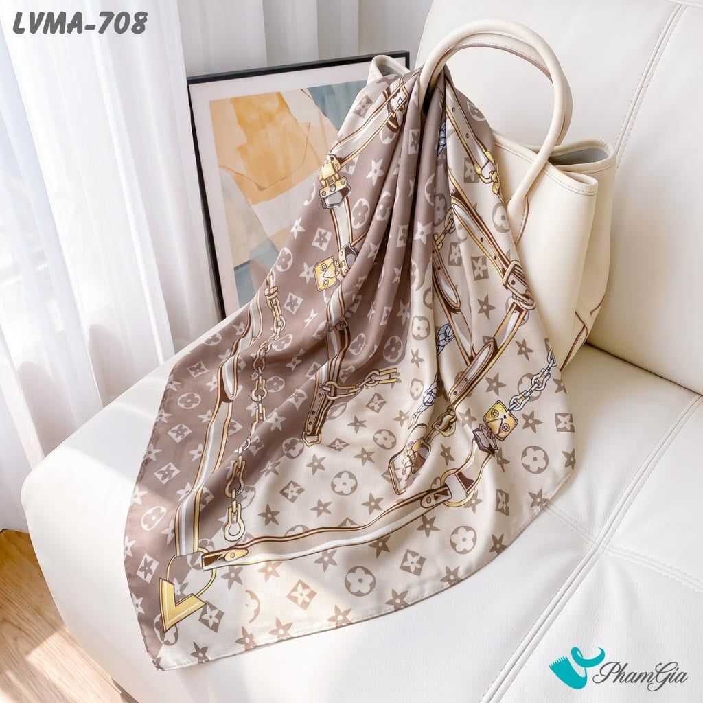 Khăn Lụa Vuông Mia 70*70Cm Họa Tiết Monogram Phối Dây Màu Nâu Be (LVMA708)