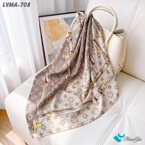 Khăn Lụa Vuông Mia 70*70Cm Họa Tiết Monogram Phối Dây Màu Nâu Be (LVMA708)