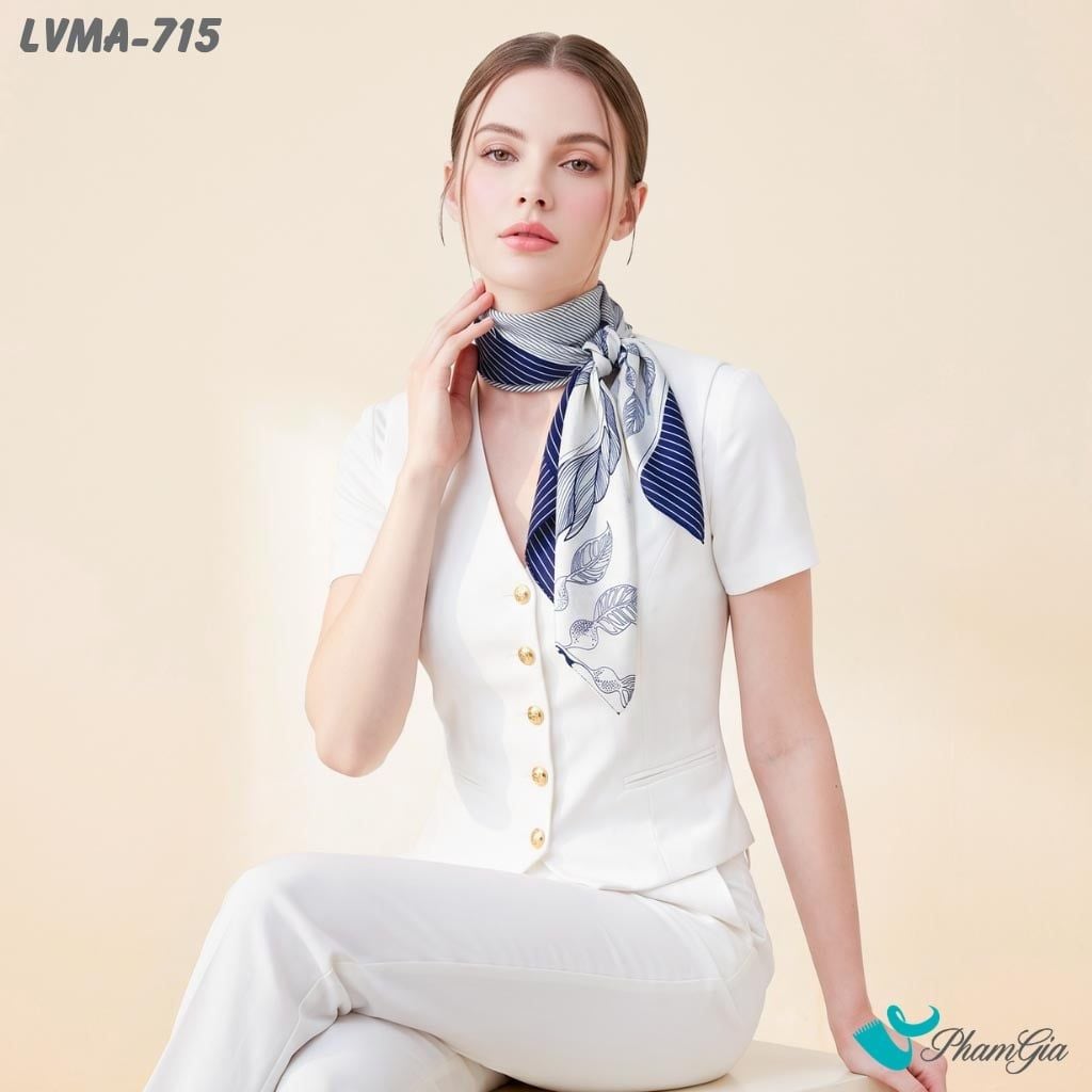 Khăn Lụa Vuông Mia 70*70Cm Họa Tiết Lá Kẻ Sọc Màu Xanh Navy (LVMA715)