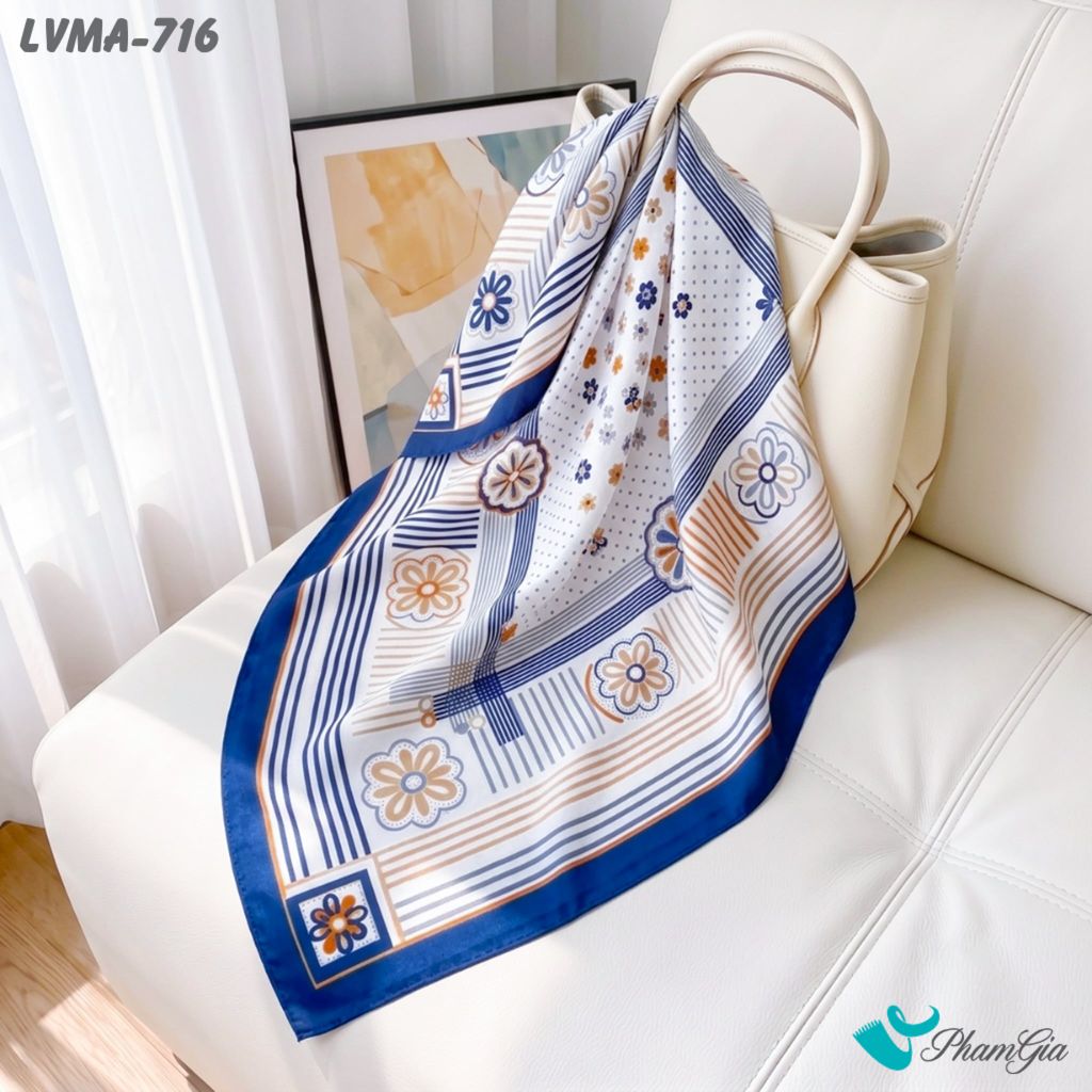 Khăn Lụa Vuông Mia 70*70Cm Họa Tiết Retro Phối Kẻ Sọc Màu Xanh Navy (LVMA716)
