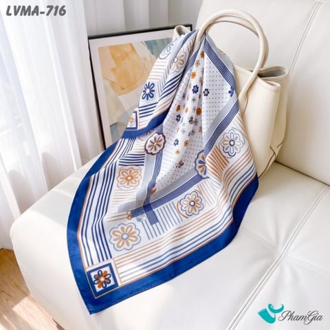 Khăn Lụa Vuông Mia 70*70Cm Họa Tiết Retro Phối Kẻ Sọc Màu Xanh Navy (LVMA716)