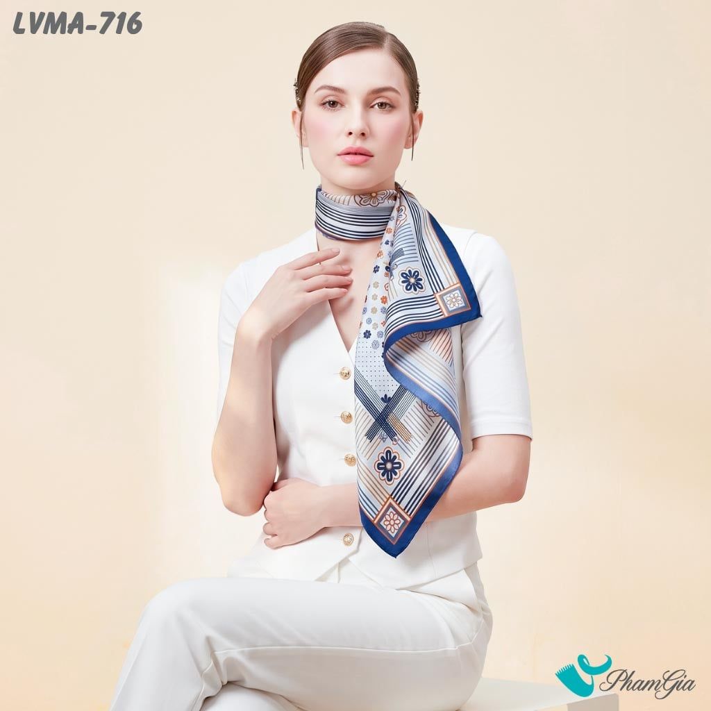 Khăn Lụa Vuông Mia 70*70Cm Họa Tiết Retro Phối Kẻ Sọc Màu Xanh Navy (LVMA716)