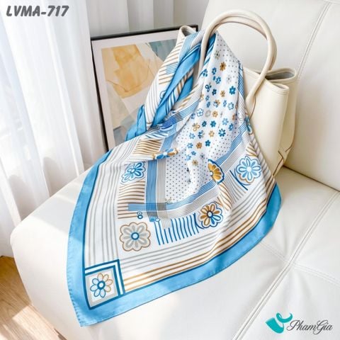 Khăn Lụa Vuông Mia 70*70Cm Họa Tiết Retro Phối Kẻ Sọc Màu Xanh Baby (LVMA717)
