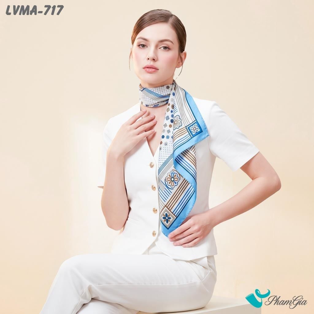 Khăn Lụa Vuông Mia 70*70Cm Họa Tiết Retro Phối Kẻ Sọc Màu Xanh Baby (LVMA717)