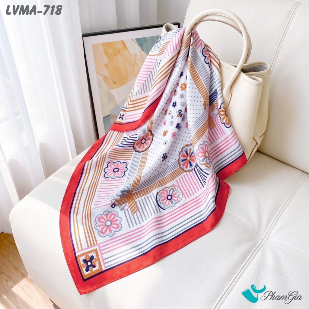 Khăn Lụa Vuông Mia 70*70Cm Họa Tiết Retro Phối Kẻ Sọc Màu Đỏ Ruby (LVMA718)