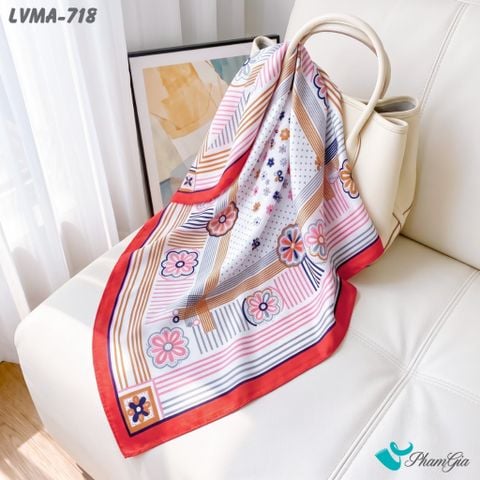 Khăn Lụa Vuông Mia 70*70Cm Họa Tiết Retro Phối Kẻ Sọc Màu Đỏ Ruby (LVMA718)