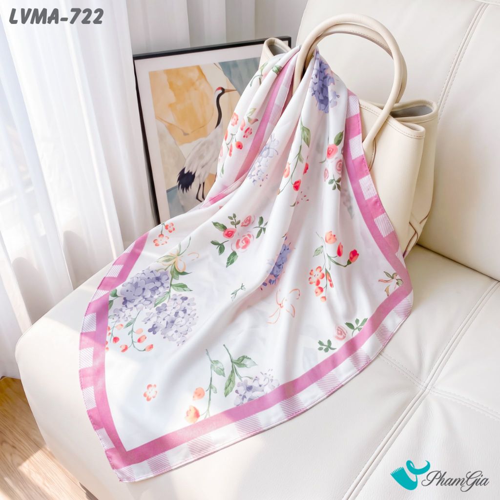 Khăn Lụa Vuông Mia 70*70Cm Họa Tiết Hoa Phối Viền Gingham Màu Hồng Pastel (LVMA722)