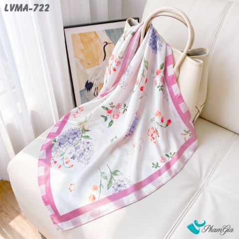 Khăn Lụa Vuông Mia 70*70Cm Họa Tiết Hoa Phối Viền Gingham Màu Hồng Pastel (LVMA722)