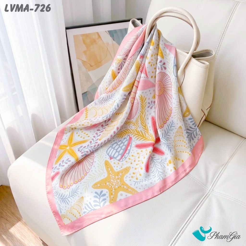 Khăn Lụa Vuông Mia 70*70Cm Họa Tiết Sinh Vật Biển Màu Hồng Baby (LVMA726)